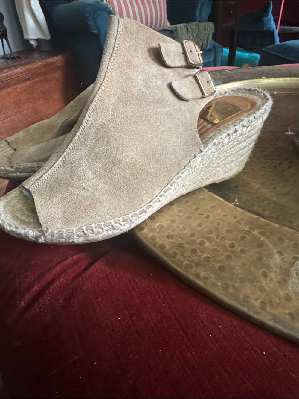 kanna Taupe Suede Open-Toe Wedge Mules with Buckle Straps